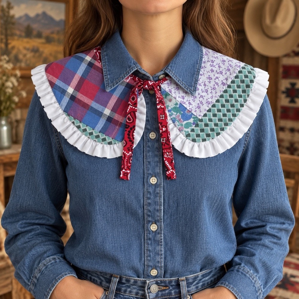 OOAK Handmade Reversible Western Bandana Patchwork Ruffle Collar